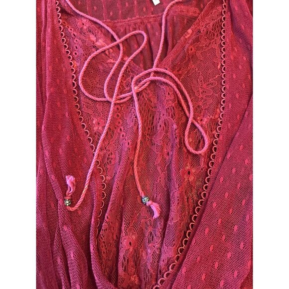 Free People Red Sheer Lace Polka Dot Crop Blouse With Bell Sleeves Size M - Picture 3 of 7